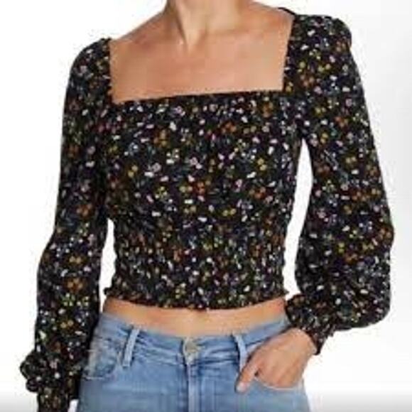 Revolve AFRM Soph Black Ditsy Floral Smocked Peasant Crop Top SZ S - Picture 1 of 14